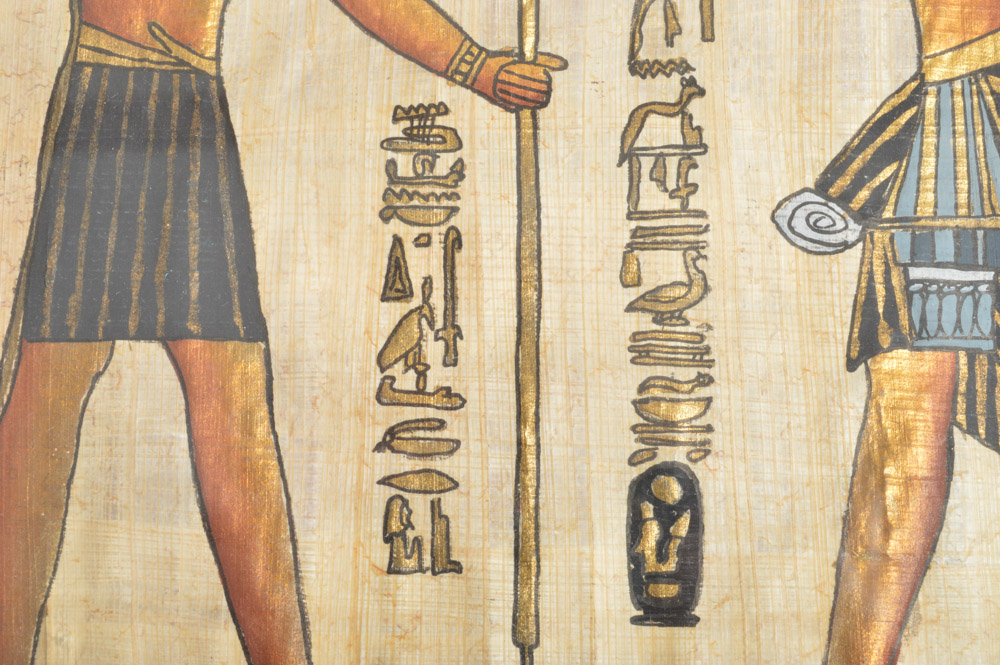 Ahmed Mostafa "Ramses II Facing God Anubis" Original Painting on Papyrus