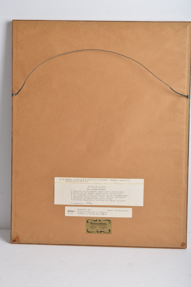 Ahmed Mostafa "Ramses II Facing God Anubis" Original Painting on Papyrus