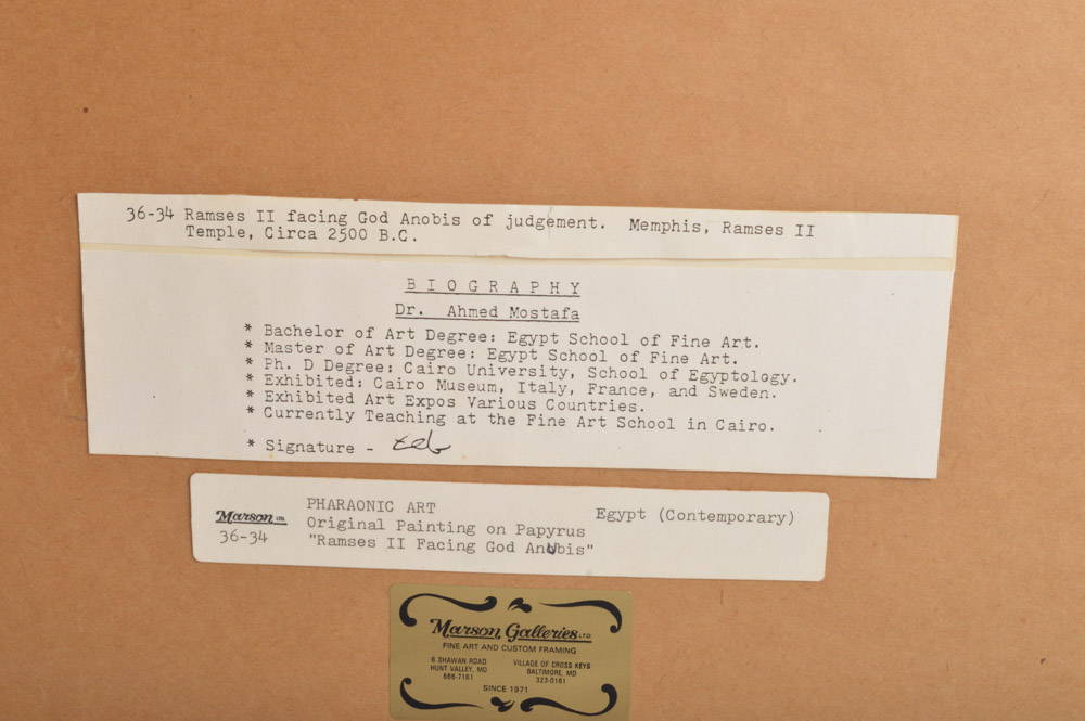 Ahmed Mostafa "Ramses II Facing God Anubis" Original Painting on Papyrus