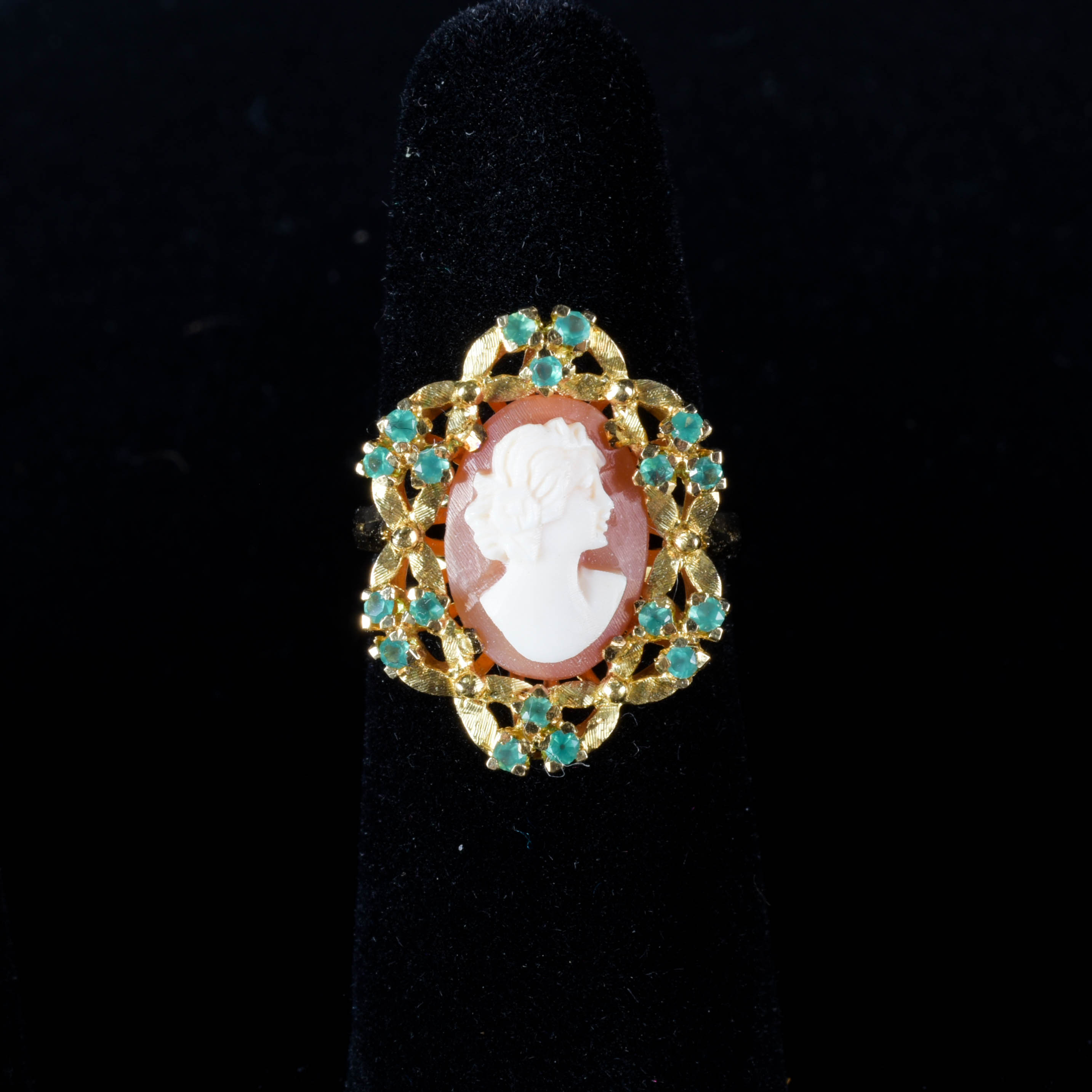 18K Gold Cameo Ring with Emeralds