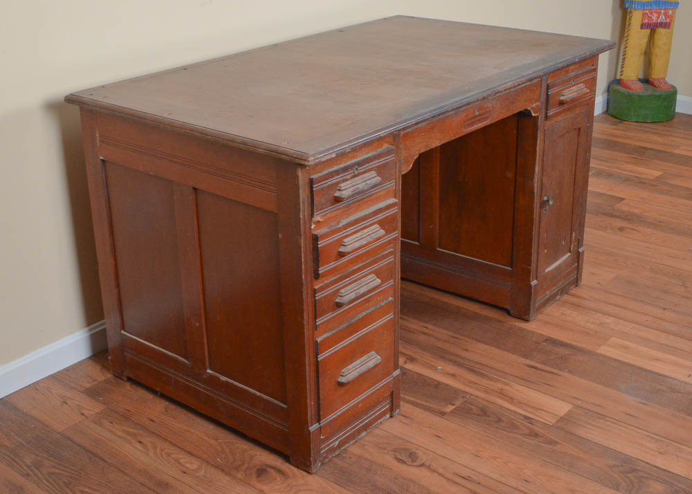 Antique Oak Partner's Desk by Indianapolis Cabinet Company