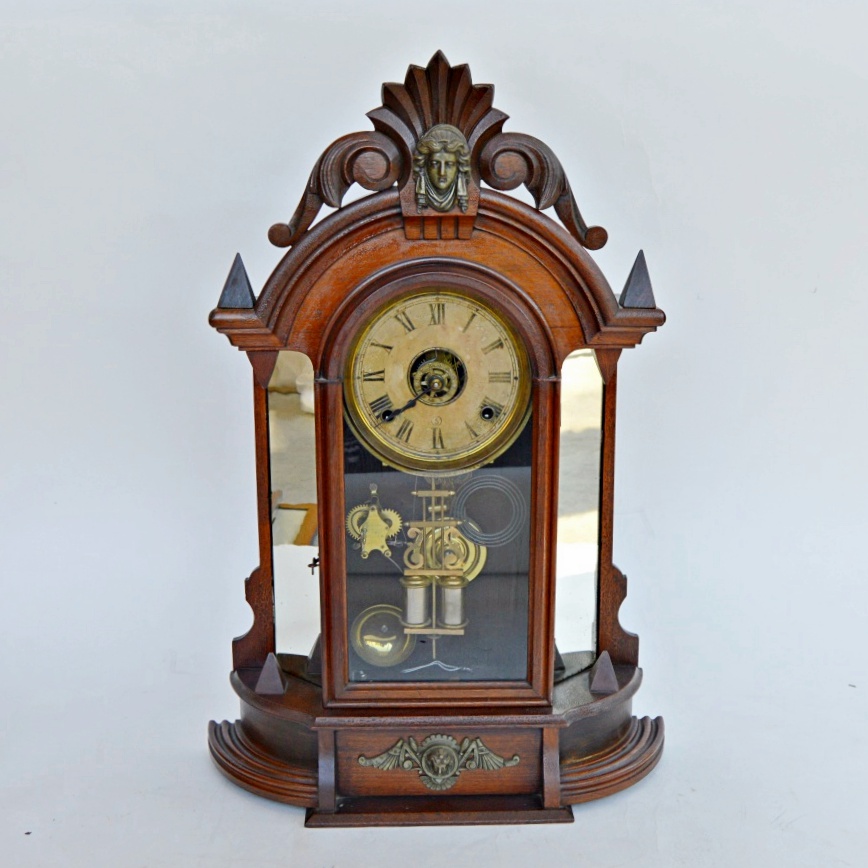 Mid 19th C Victorian Gothic Style Walnut Ansonia Mantle Clock