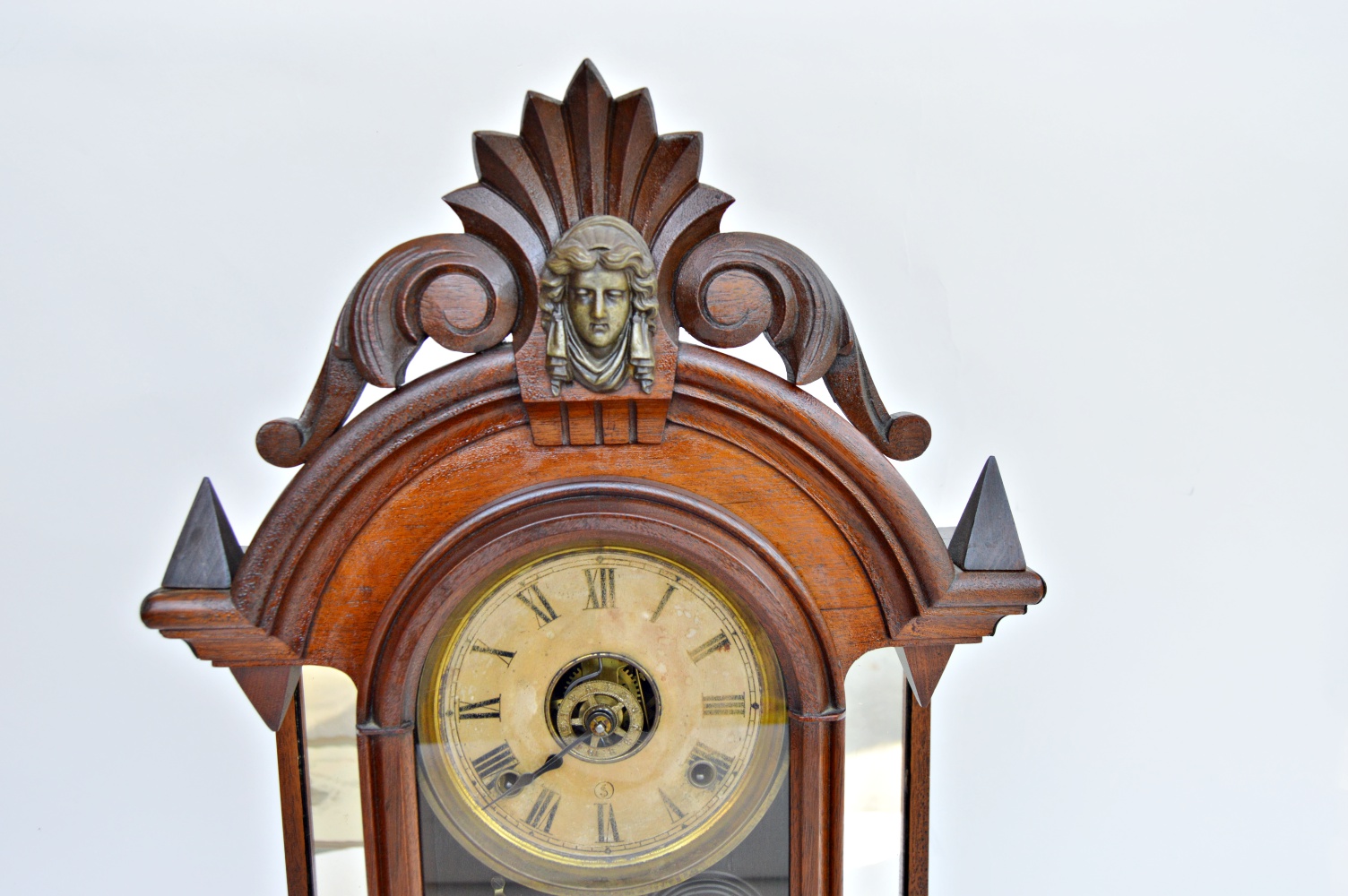 Mid 19th C Victorian Gothic Style Walnut Ansonia Mantle Clock