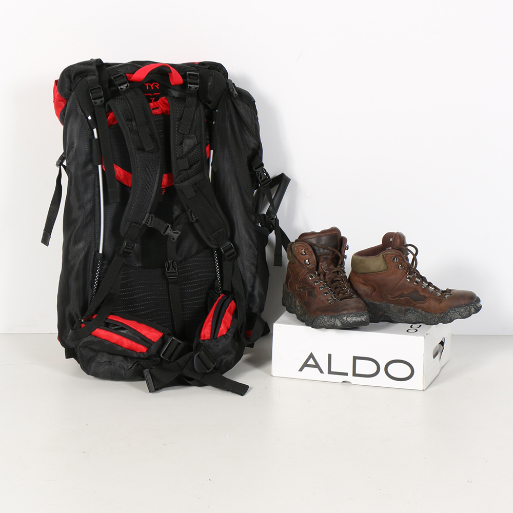 TYR Backpack and Timberland Hiking Shoes