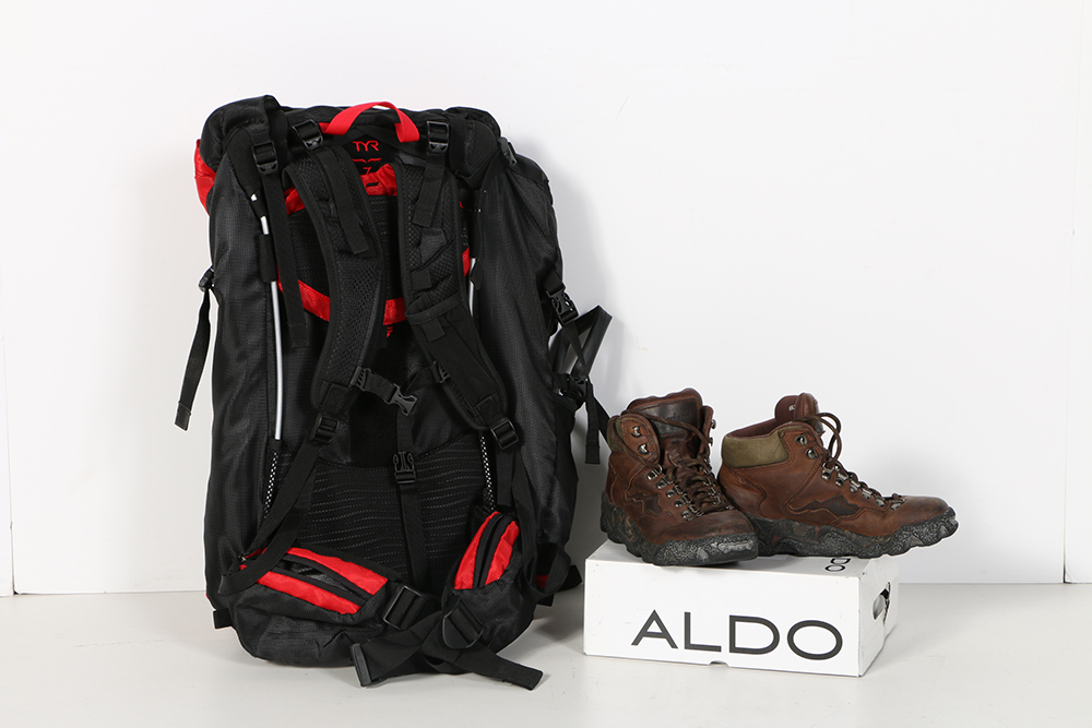 TYR Backpack and Timberland Hiking Shoes