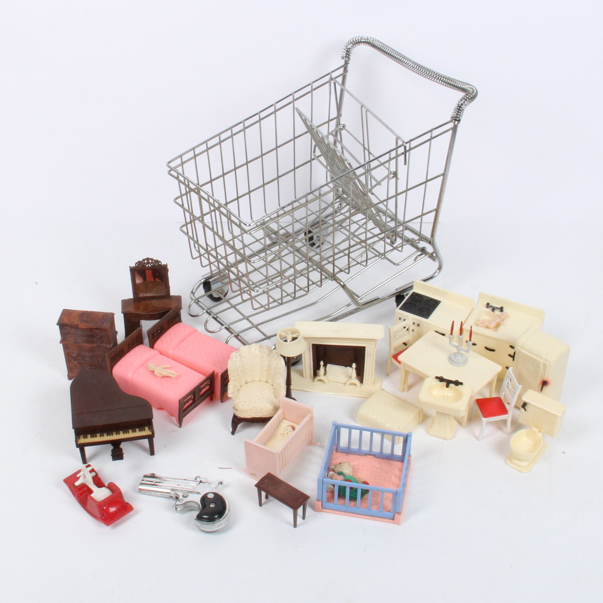 Collection of Vintage 1950's Renwal Doll House Furniture and Doll Size Grocery Cart