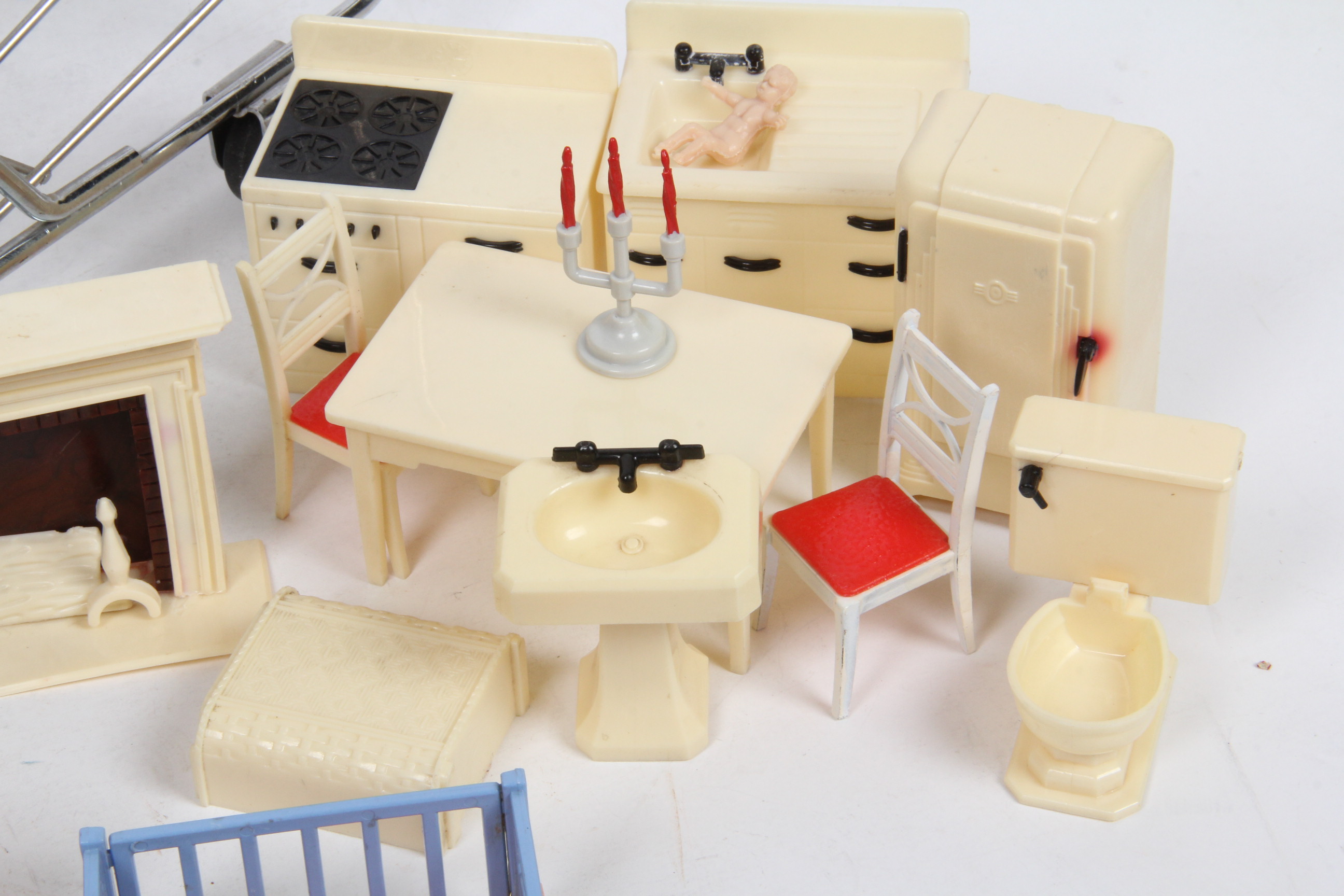 Collection of Vintage 1950's Renwal Doll House Furniture and Doll Size Grocery Cart