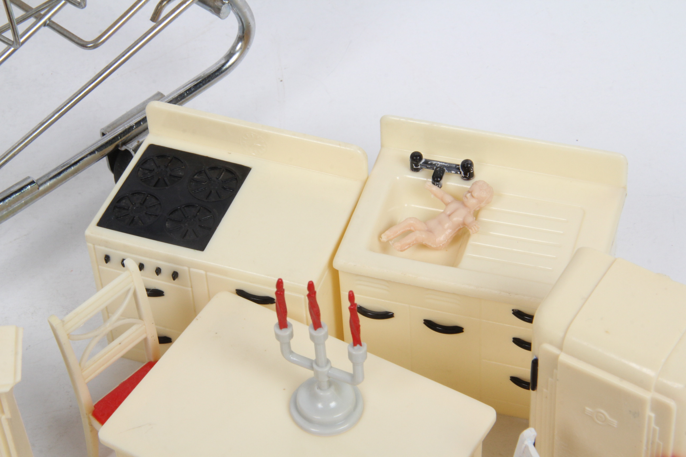 Collection of Vintage 1950's Renwal Doll House Furniture and Doll Size Grocery Cart