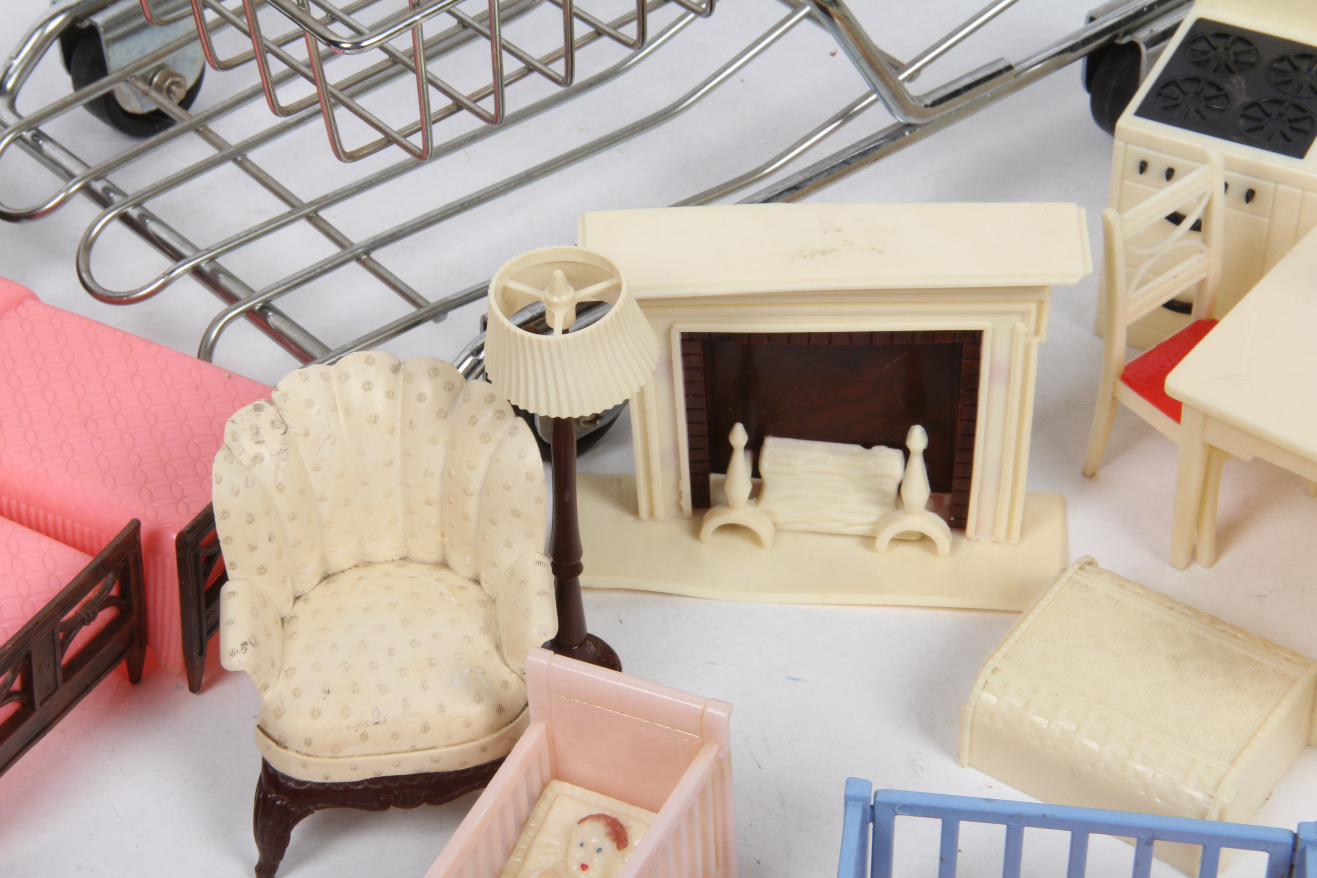 Collection of Vintage 1950's Renwal Doll House Furniture and Doll Size Grocery Cart