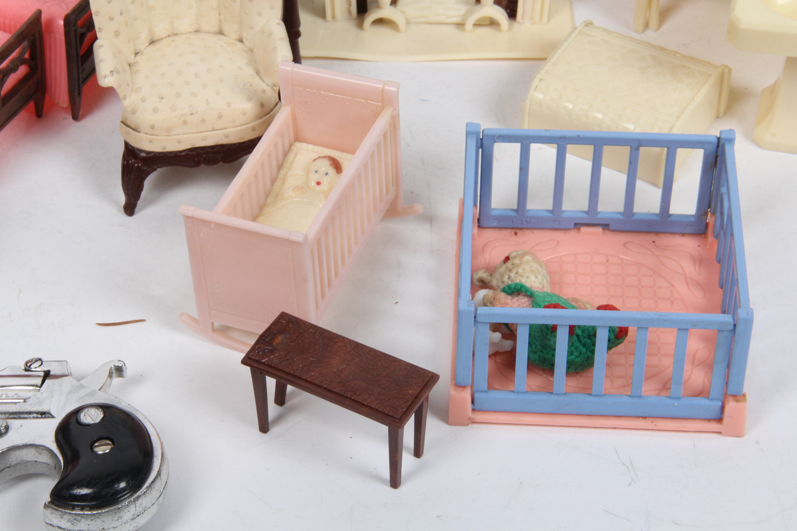Collection of Vintage 1950's Renwal Doll House Furniture and Doll Size Grocery Cart