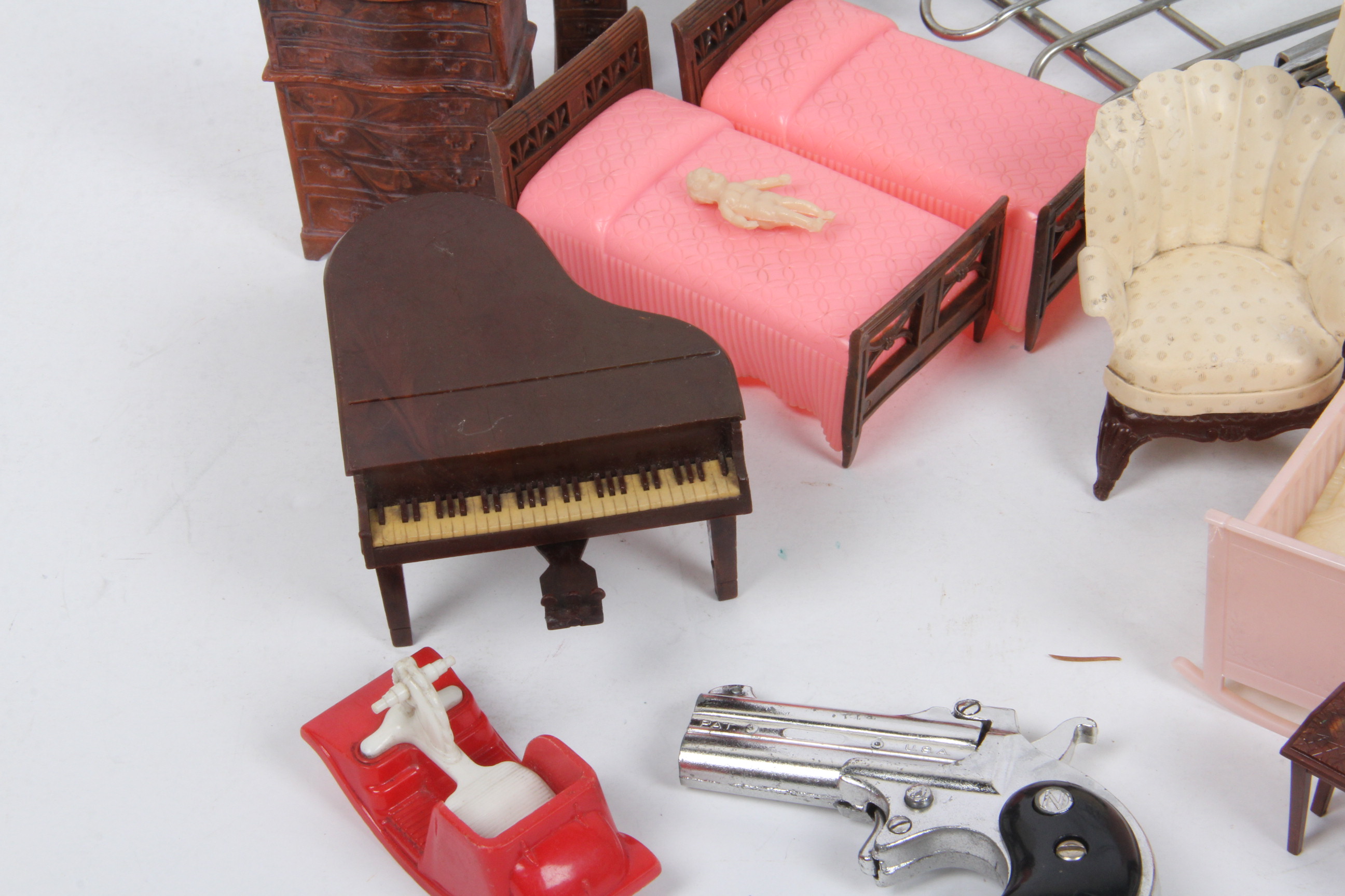 Collection of Vintage 1950's Renwal Doll House Furniture and Doll Size Grocery Cart