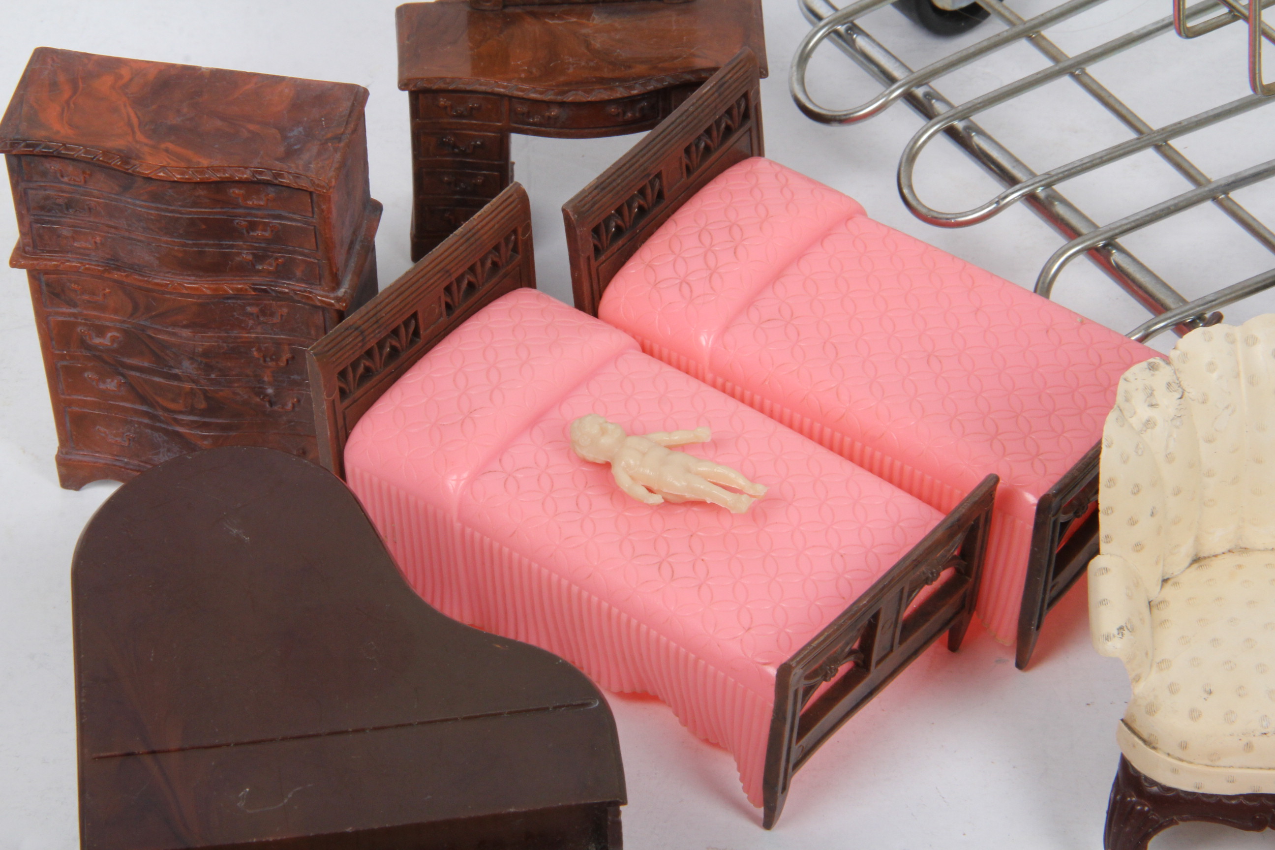 Collection of Vintage 1950's Renwal Doll House Furniture and Doll Size Grocery Cart