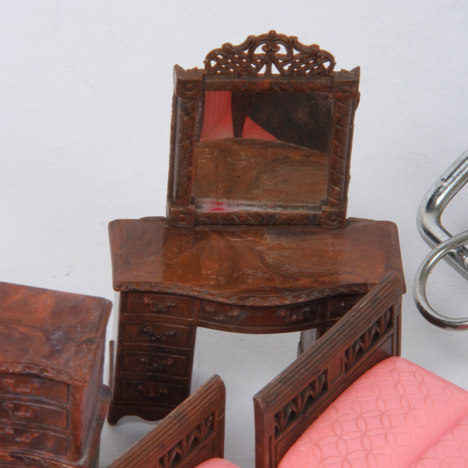 Collection of Vintage 1950's Renwal Doll House Furniture and Doll Size Grocery Cart