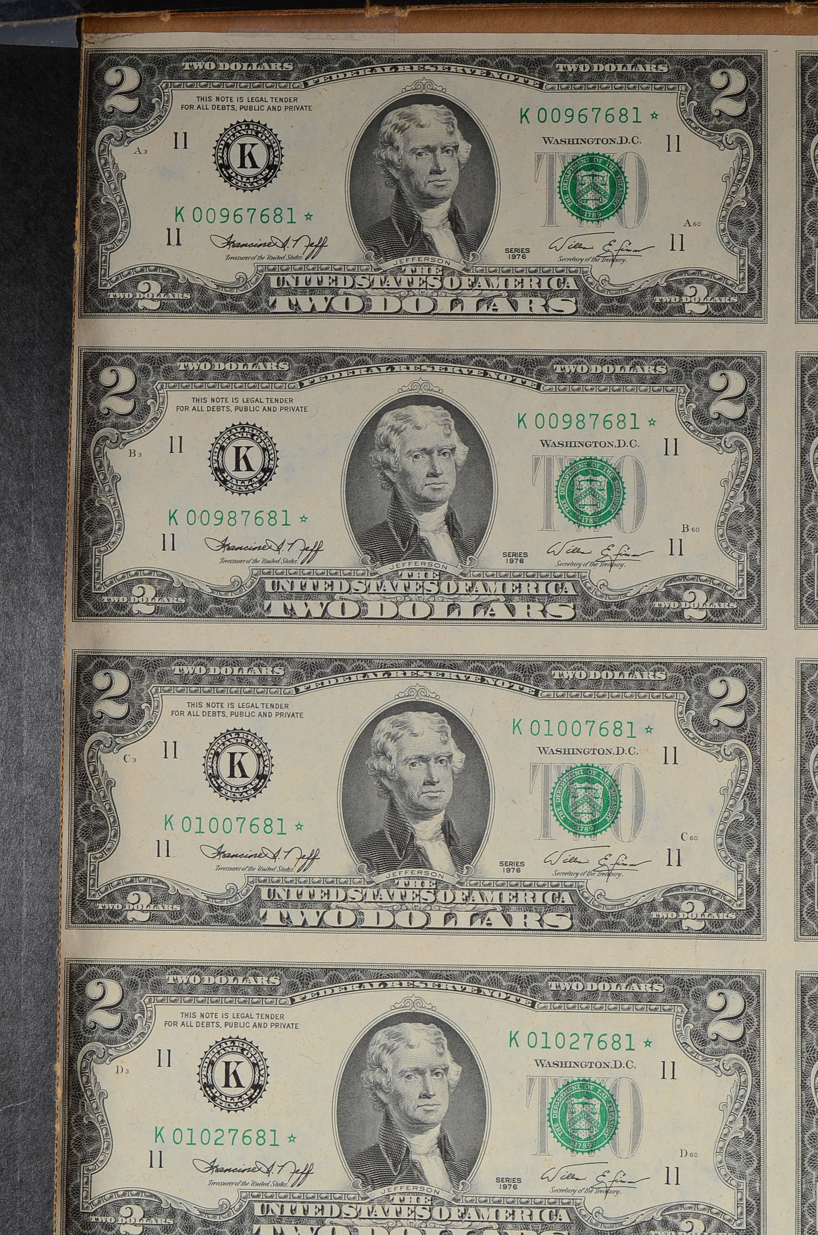 Uncut 1976 Star Note Two Dollar Bill Sheet