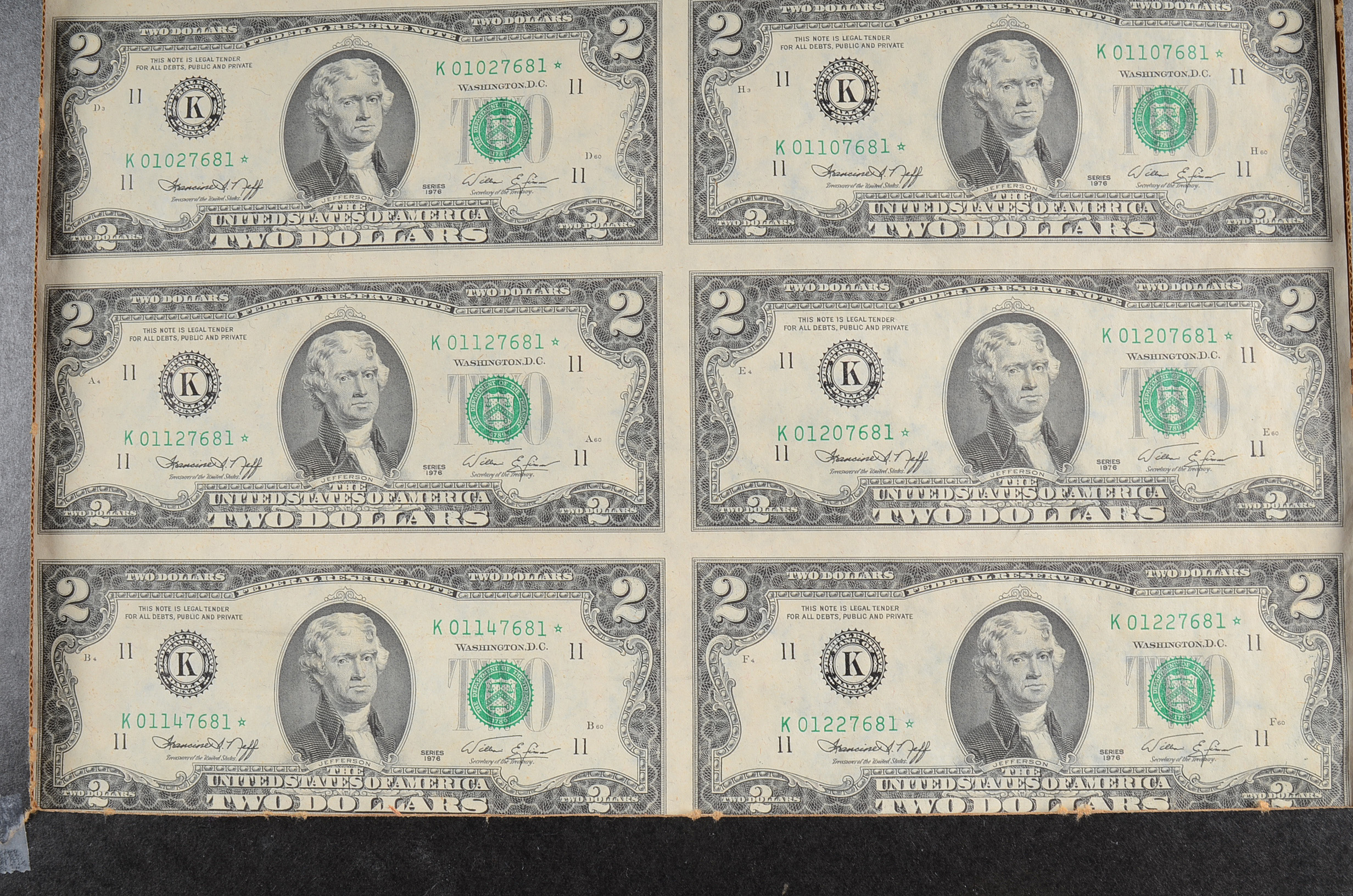 Uncut 1976 Star Note Two Dollar Bill Sheet