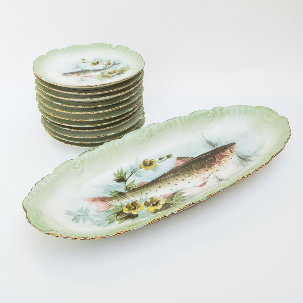 Antique Limoges Fish Platter and Matching Plates