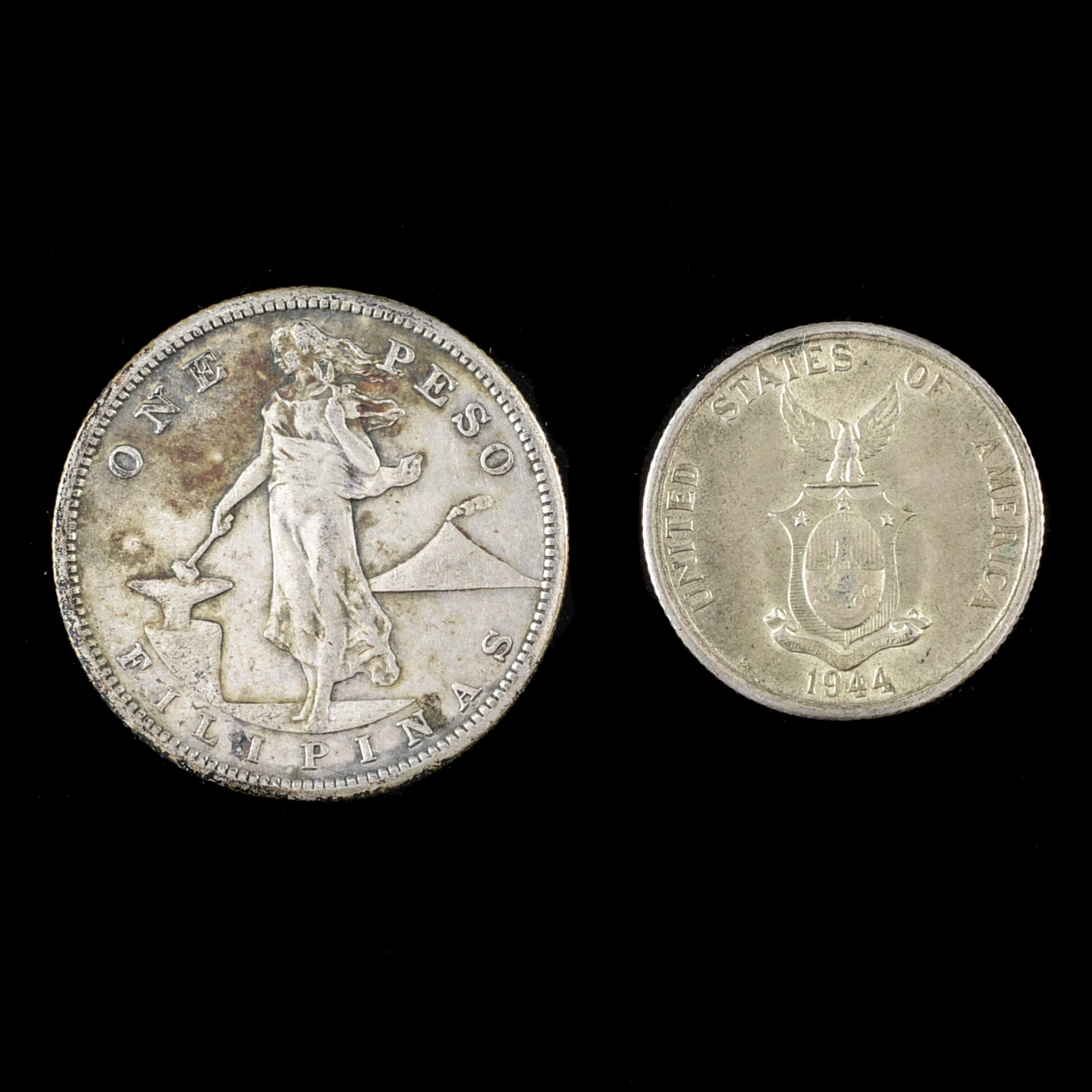 1909 S One Peso and 1944 Fifty Centavos Filipinas Silver Coins