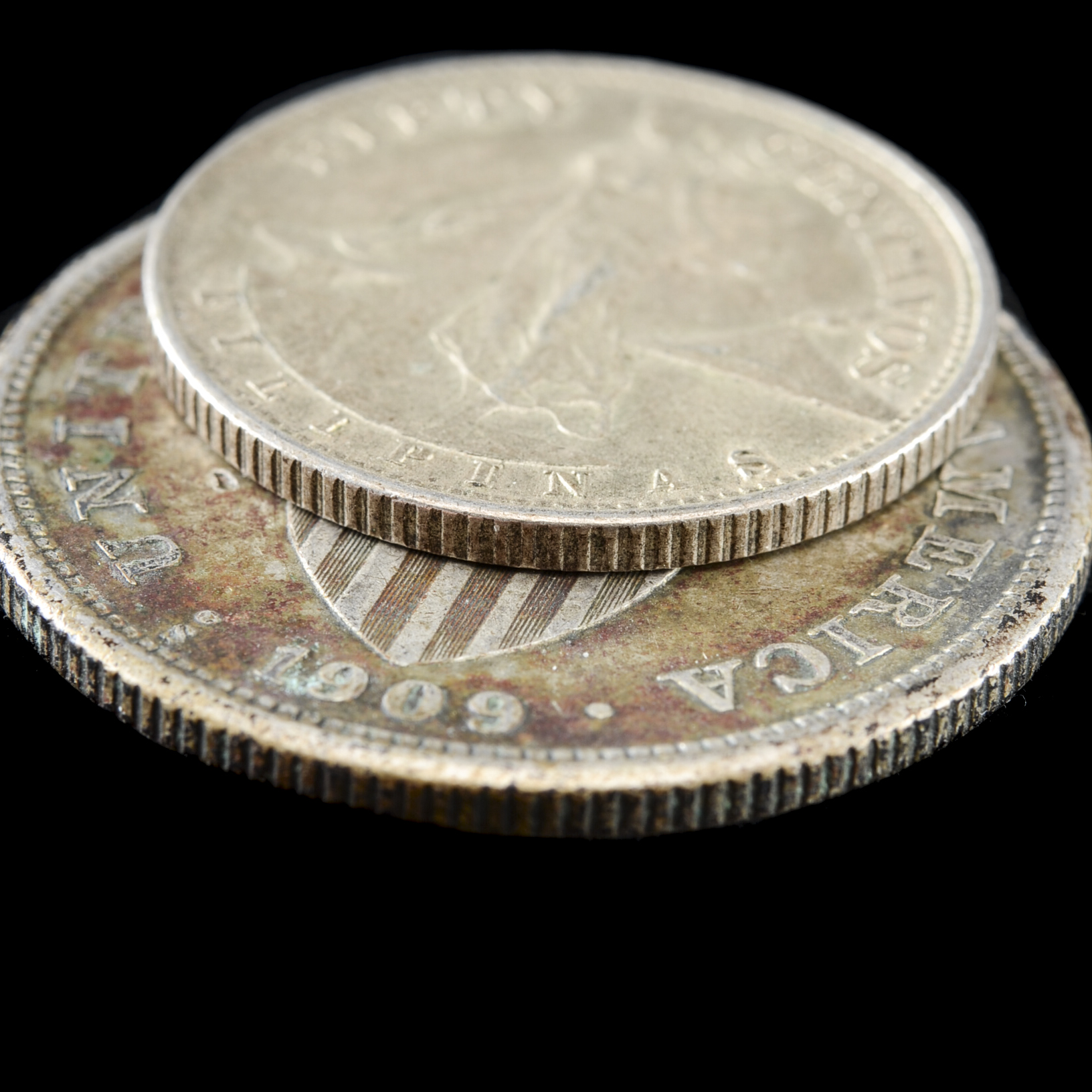 1909 S One Peso and 1944 Fifty Centavos Filipinas Silver Coins