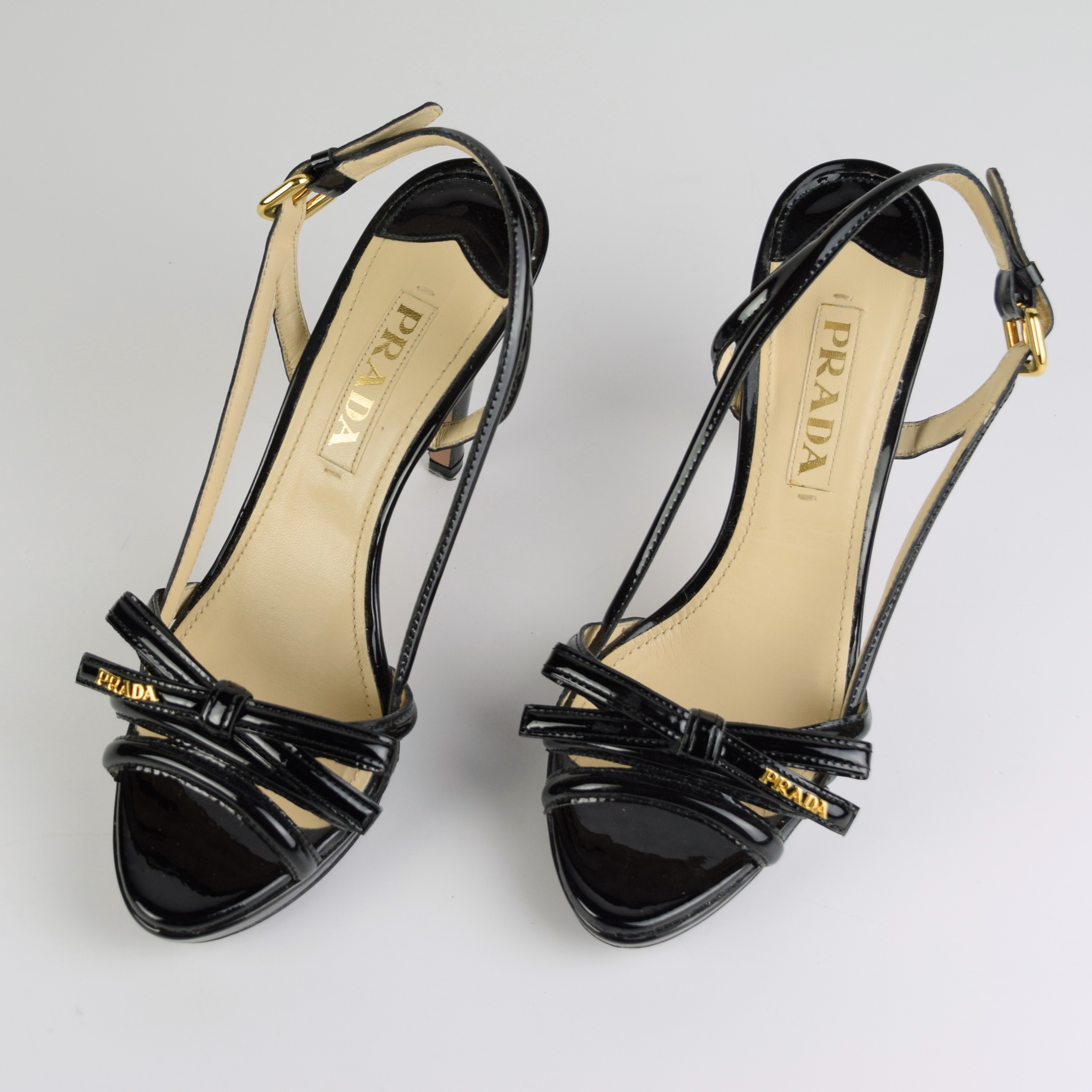Ladies Prada Strappy Heels in Black Patent Leather, Size 37 (US 7)