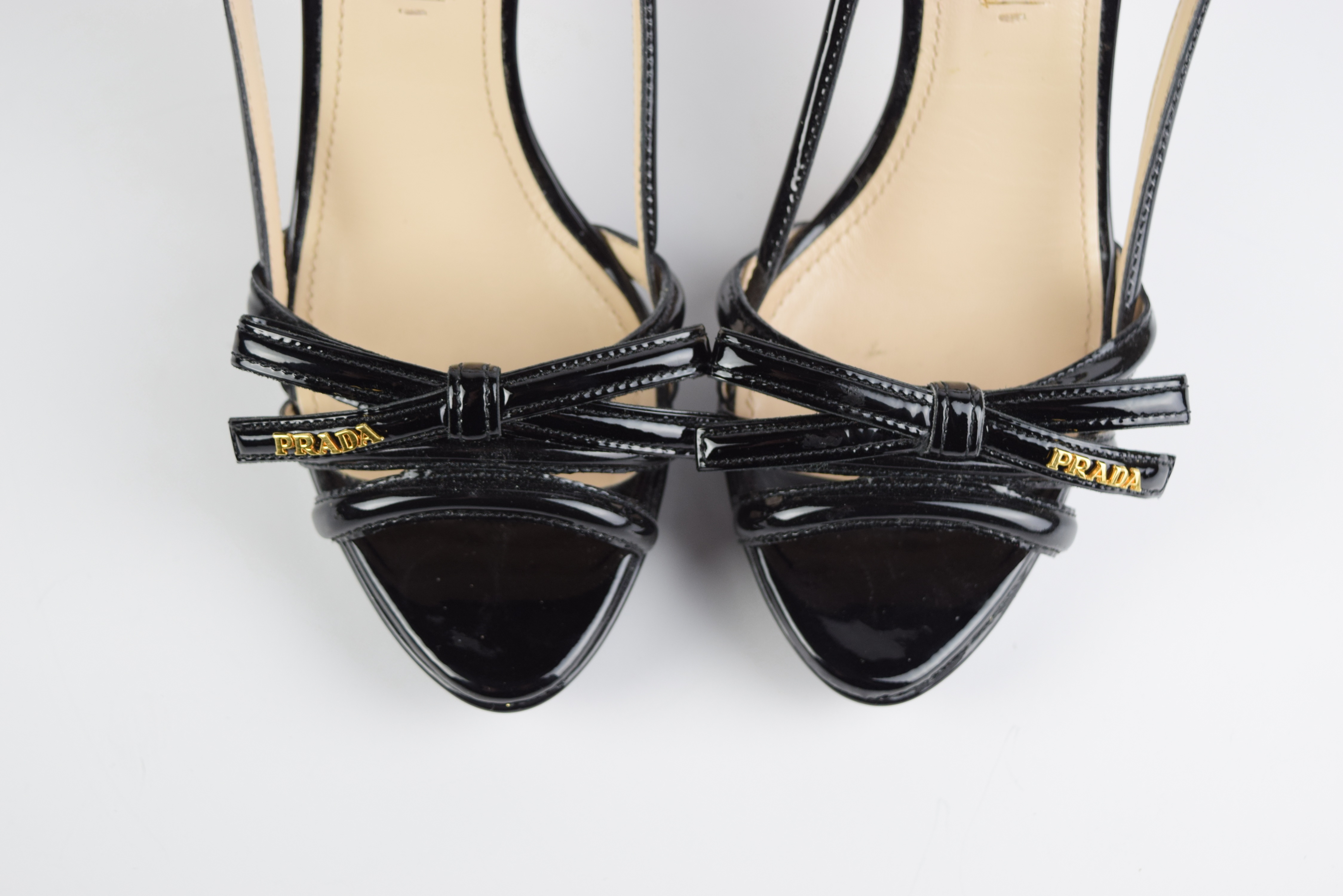 Ladies Prada Strappy Heels in Black Patent Leather, Size 37 (US 7)