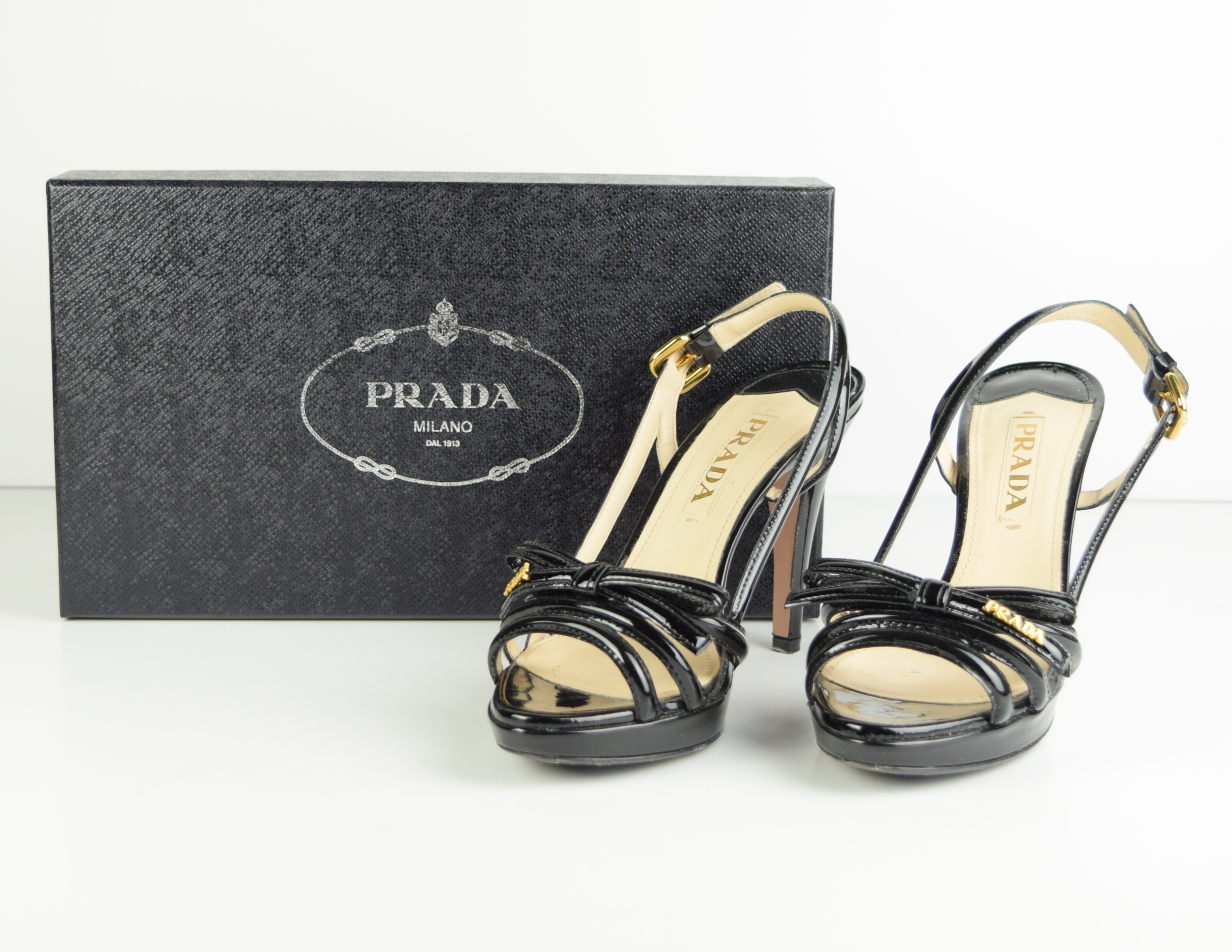 Ladies Prada Strappy Heels in Black Patent Leather, Size 37 (US 7)
