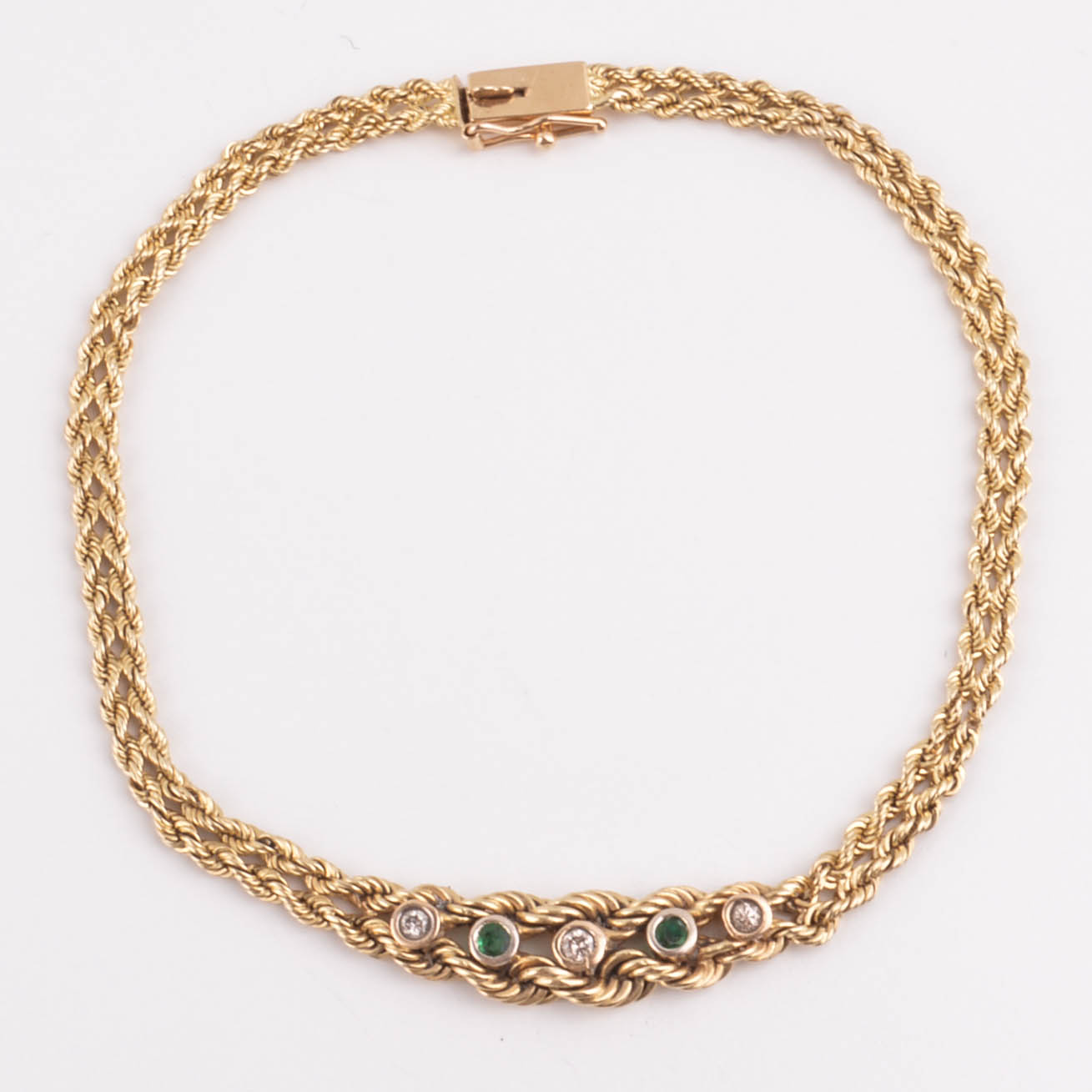 14k Yellow Gold Braided Bracelet with Diamonds and Emeralds
