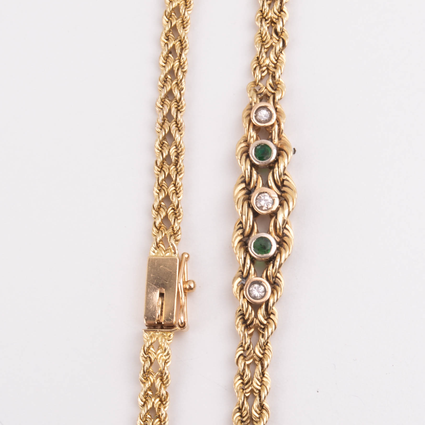 14k Yellow Gold Braided Bracelet with Diamonds and Emeralds