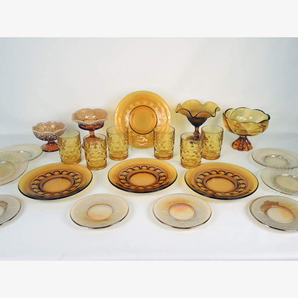 Vintage Fostoria Amber Coin Dot Glassware