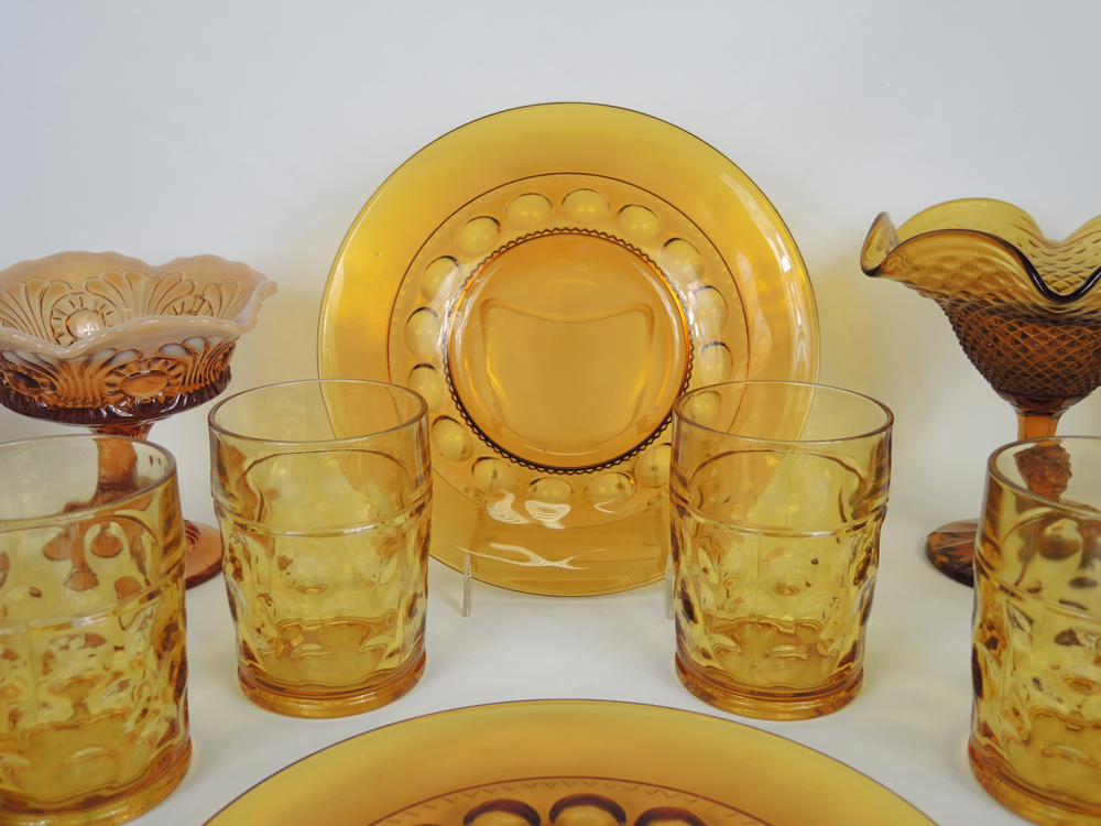 Vintage Fostoria Amber Coin Dot Glassware