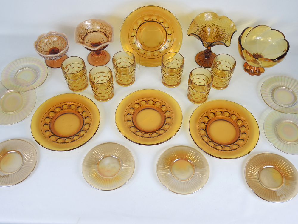 Vintage Fostoria Amber Coin Dot Glassware