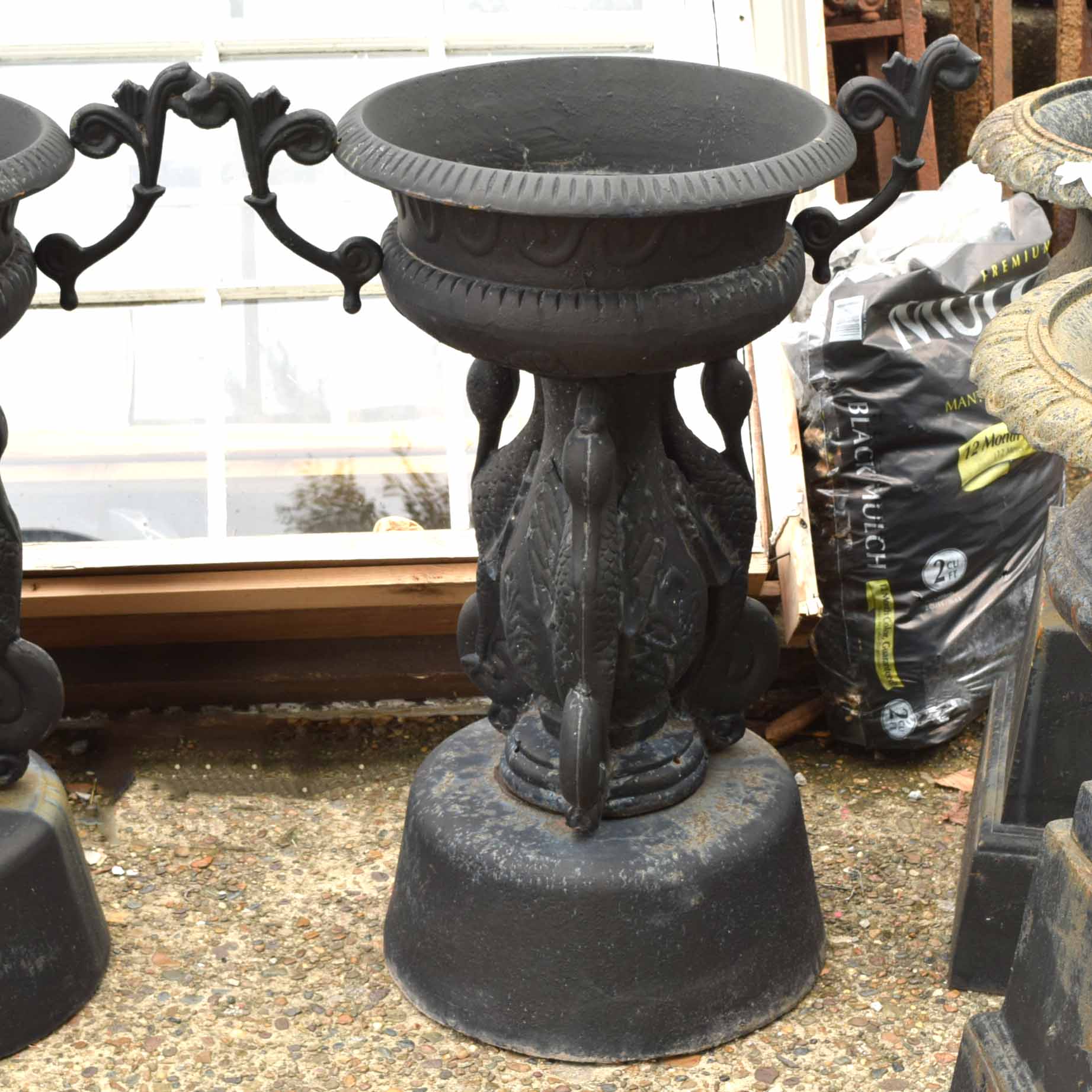 Cast Iron Garden Urn With Crane Motif