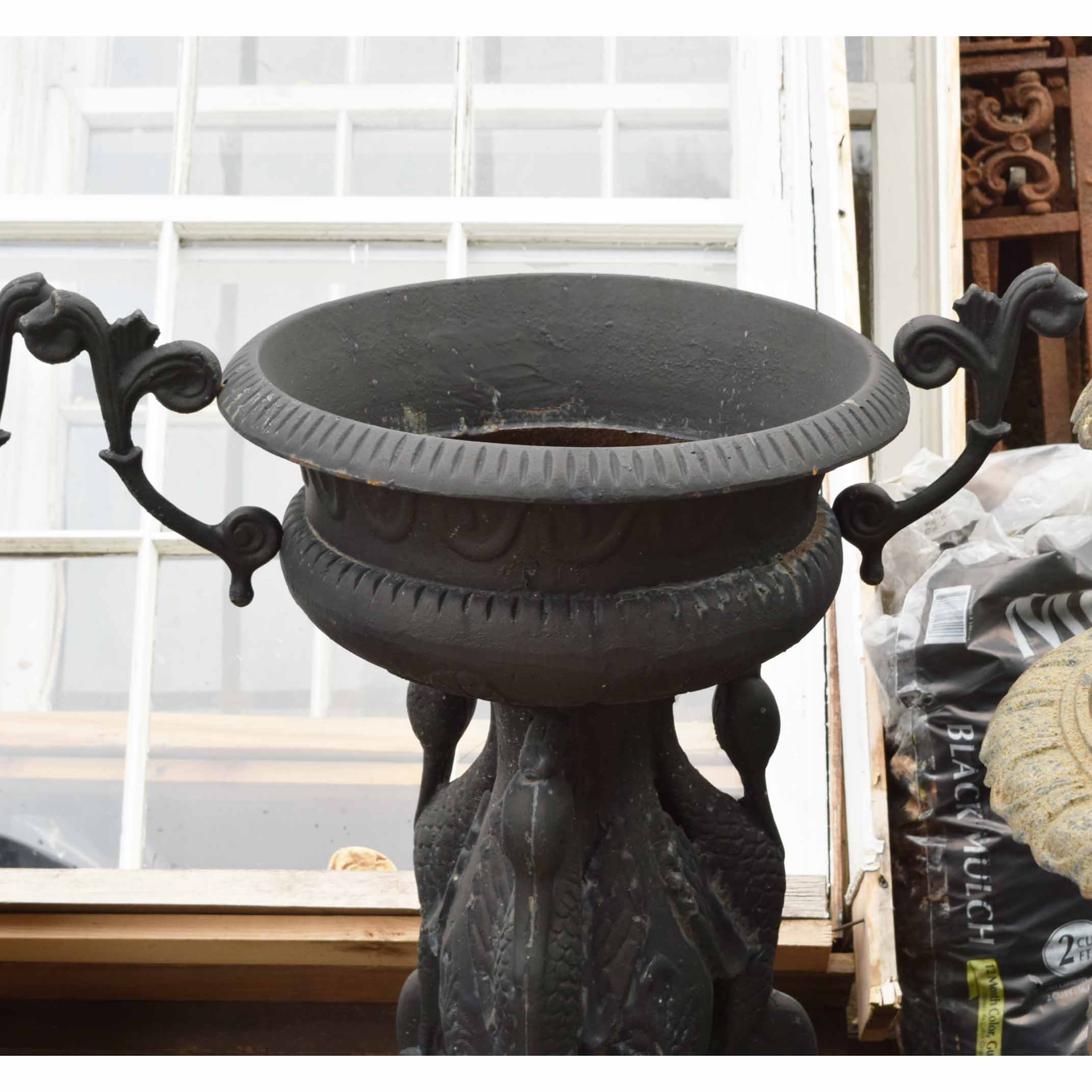 Cast Iron Garden Urn With Crane Motif