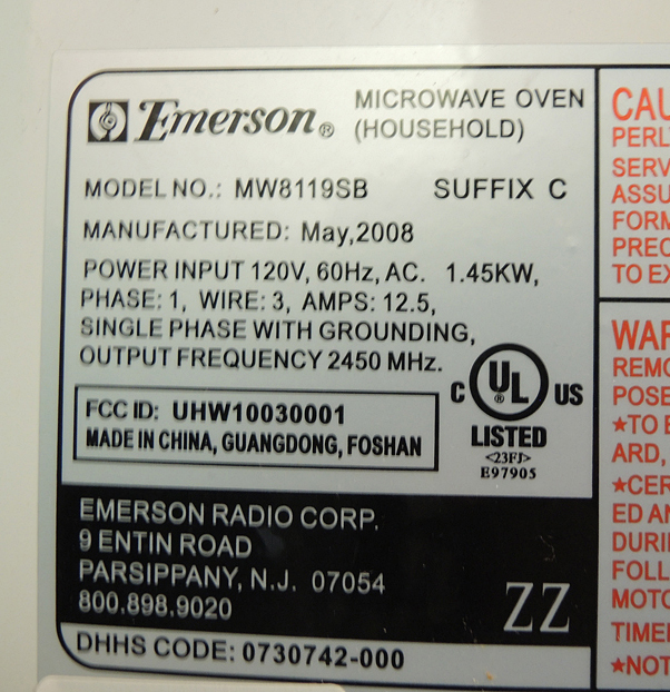 Emerson Model MW8119SB Microwave