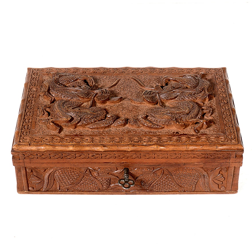 Hand-Carved Chinese Wooden Dragon Jewelry Box