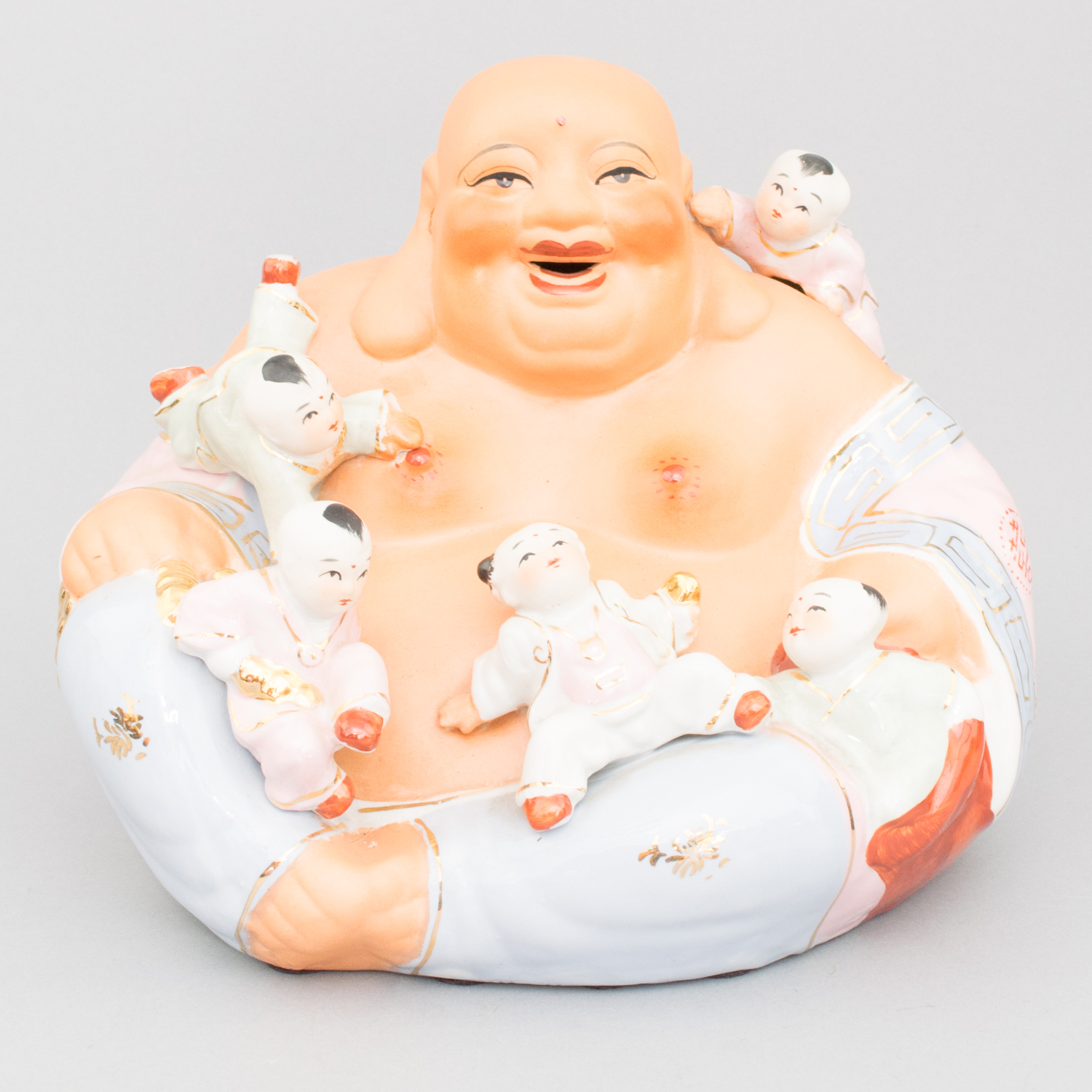 Three Happy Budai with Children Figurines