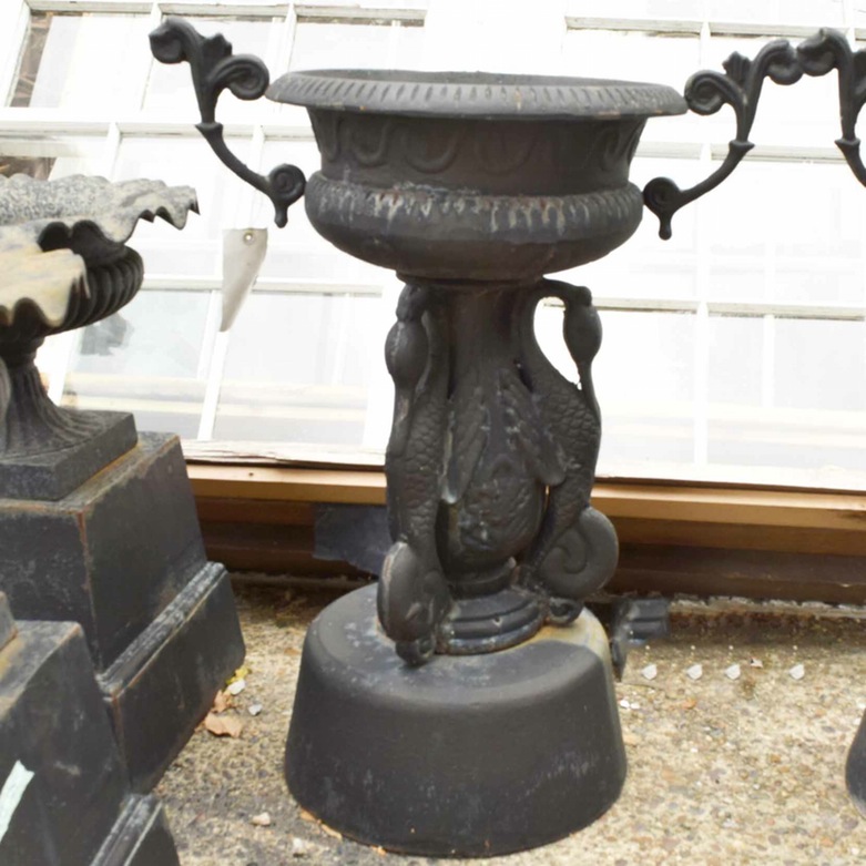 Cast Iron Garden Urn With Crane Motif