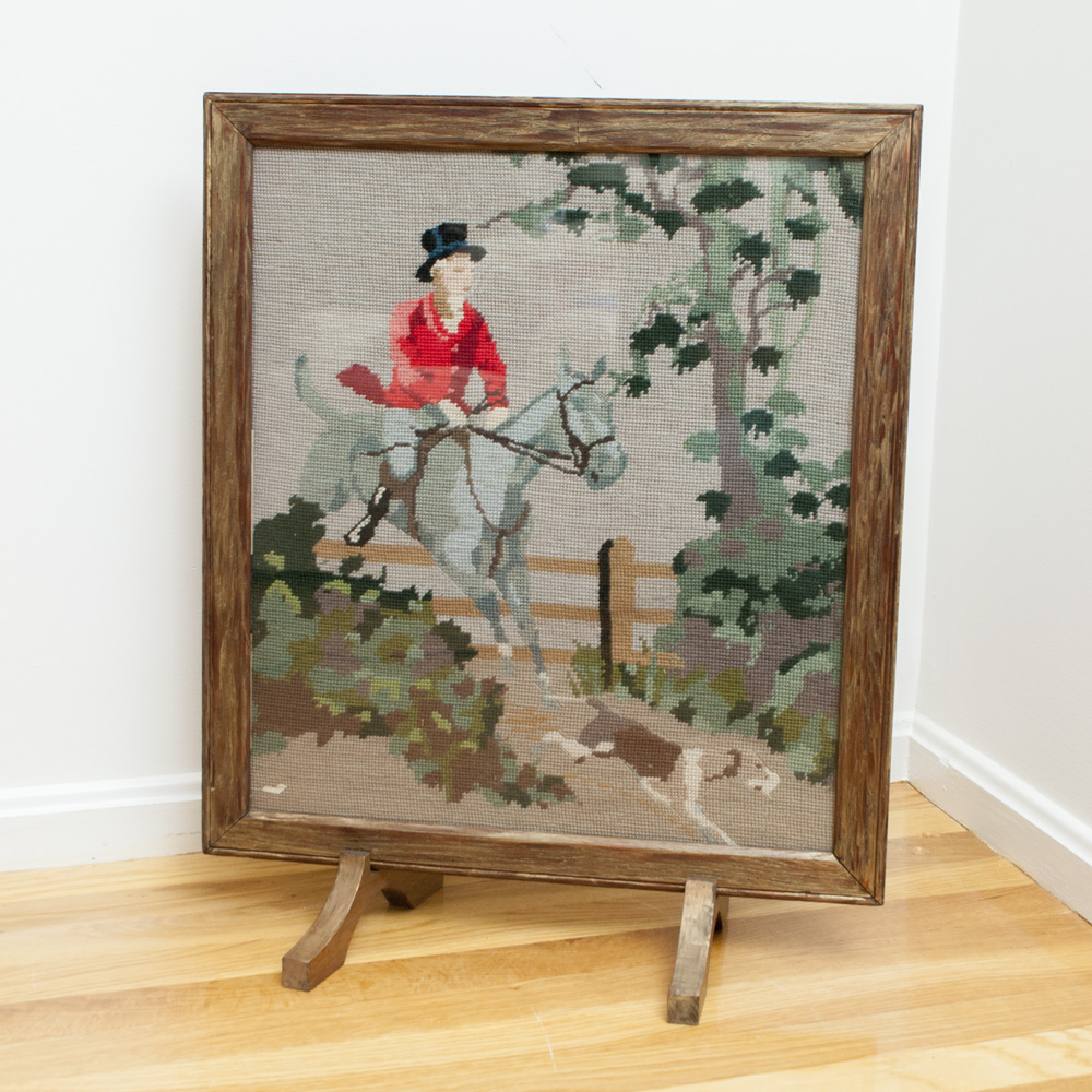 Vintage Needlepoint Fox Hunt Scene