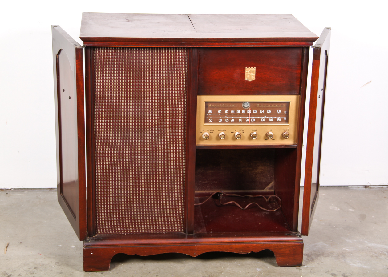 Vintage Wood Magnavox Turntable, Radio, and Speaker Cabinet