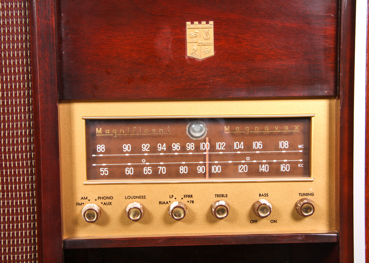Vintage Wood Magnavox Turntable, Radio, and Speaker Cabinet