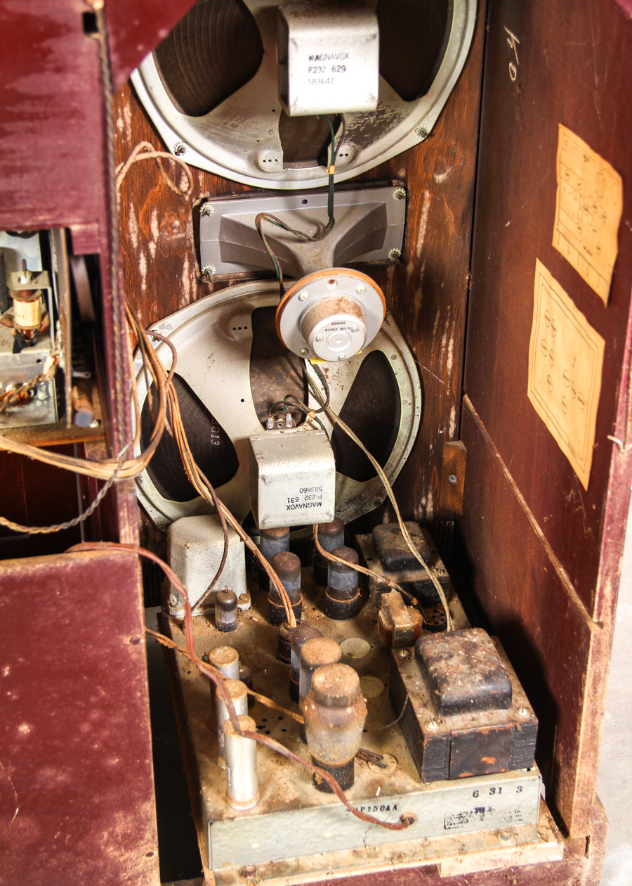 Vintage Wood Magnavox Turntable, Radio, and Speaker Cabinet