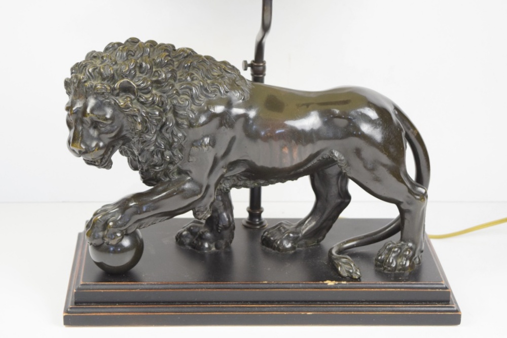 Antique Lion Table Lamp with Silk Shade