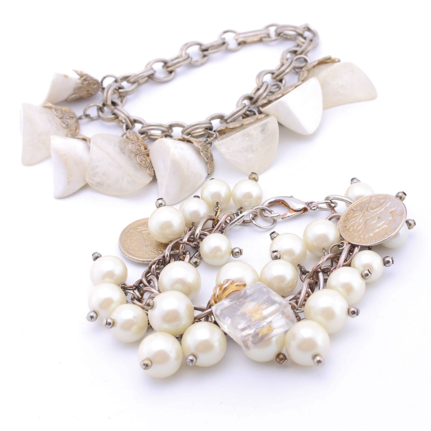 Faux Stone and Reproduction Coin Charm Bracelets Circa 1950