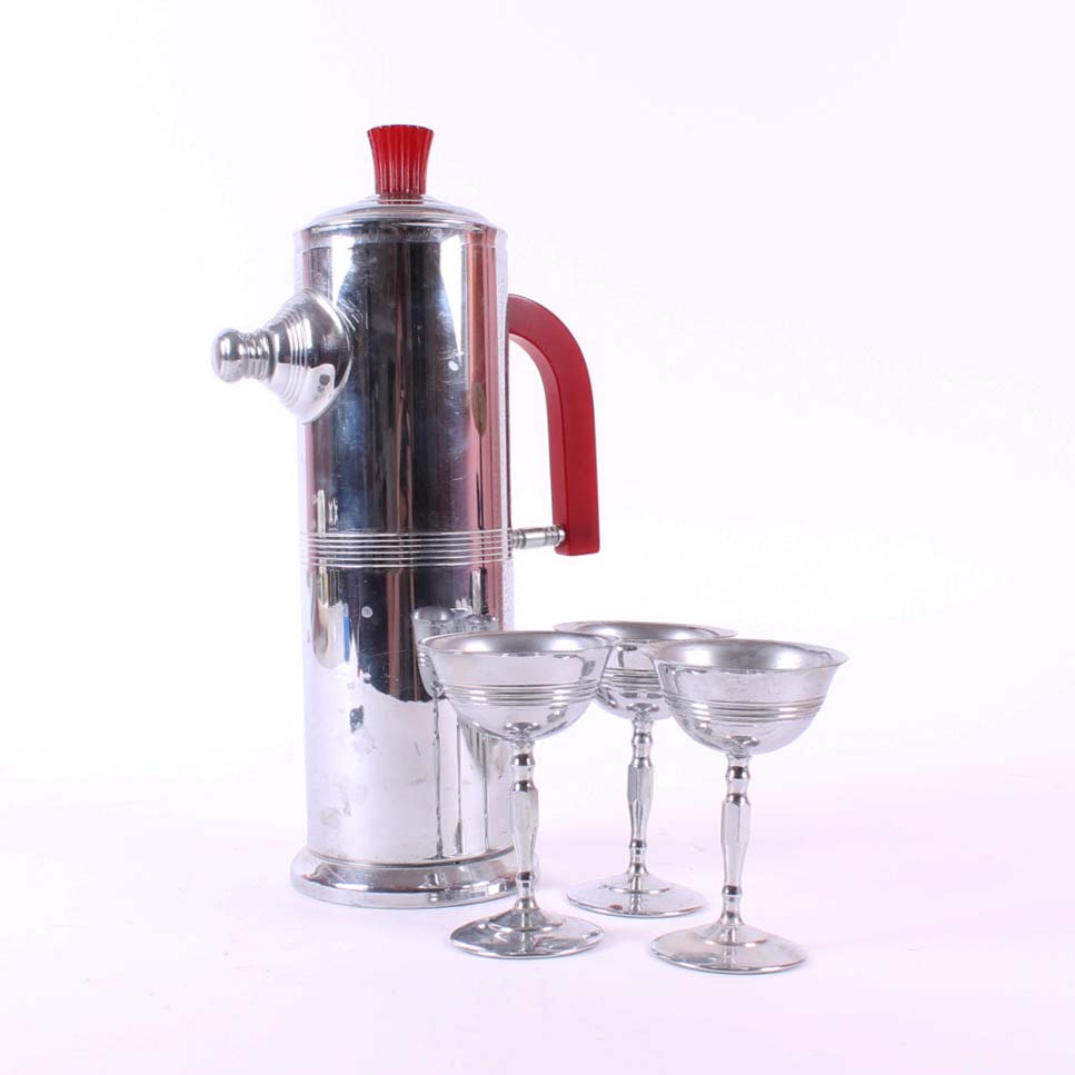 Keystoneware Chrome Plated Carafé and Three Goblets