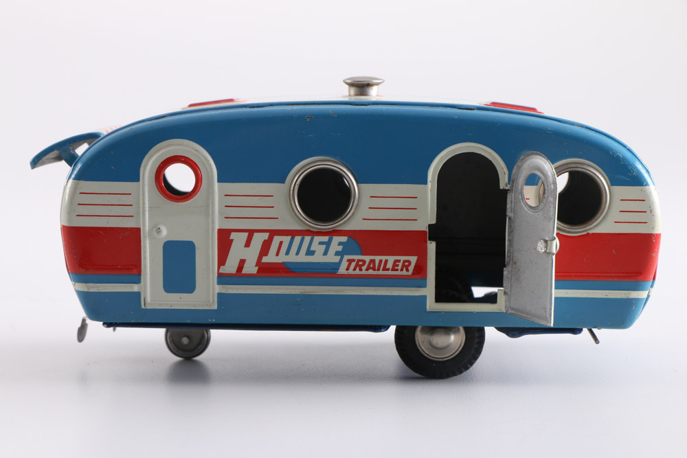 Vintage Tin Toy Car and House Trailer