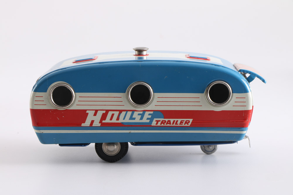 Vintage Tin Toy Car and House Trailer