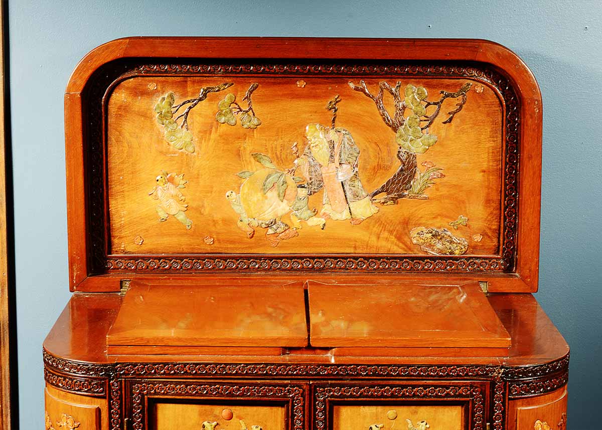 Vintage Chinese Liquor Cabinet with Soapstone Inlay
