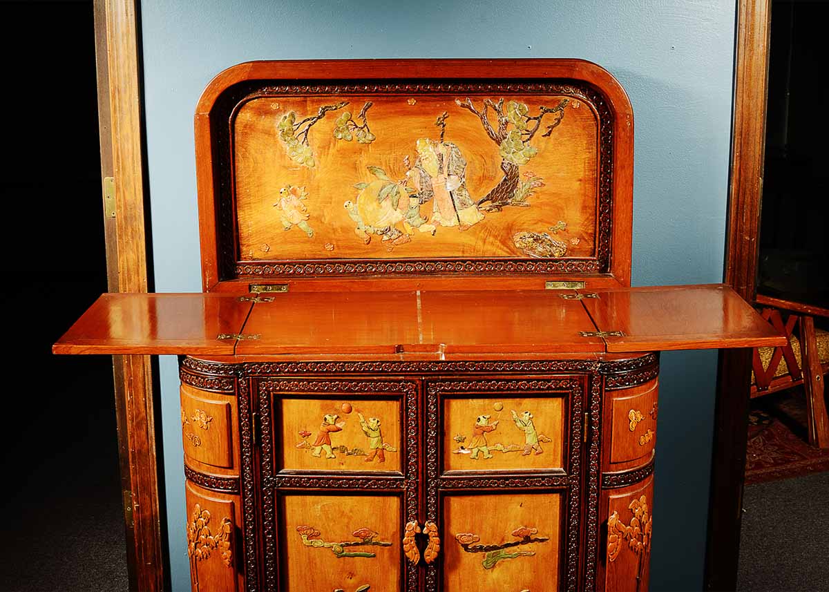 Vintage Chinese Liquor Cabinet with Soapstone Inlay