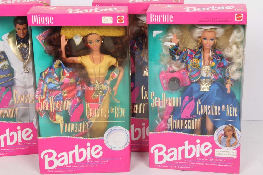 Set of 1992 "Sea Holiday" World Traveling Barbie, Midge and Ken Dolls