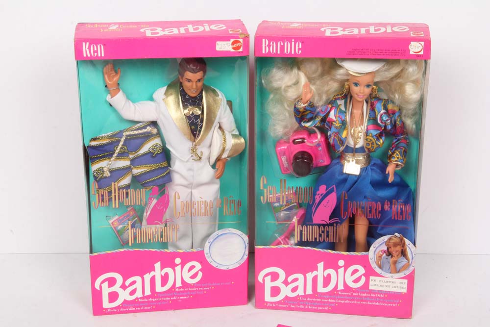 Set of 1992 "Sea Holiday" World Traveling Barbie, Midge and Ken Dolls