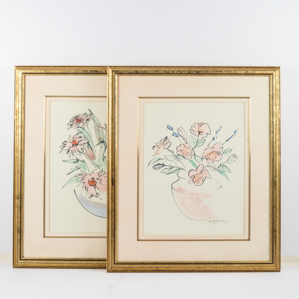 Pair of Floral Watercolor Paintings After Alice Magnolia Lacey